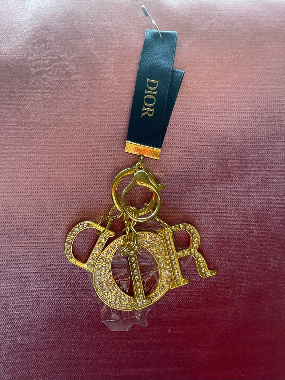 Dior Gold-Tone Crystal 'D I O R' Letter Charm Keyring with Navy Ribbon